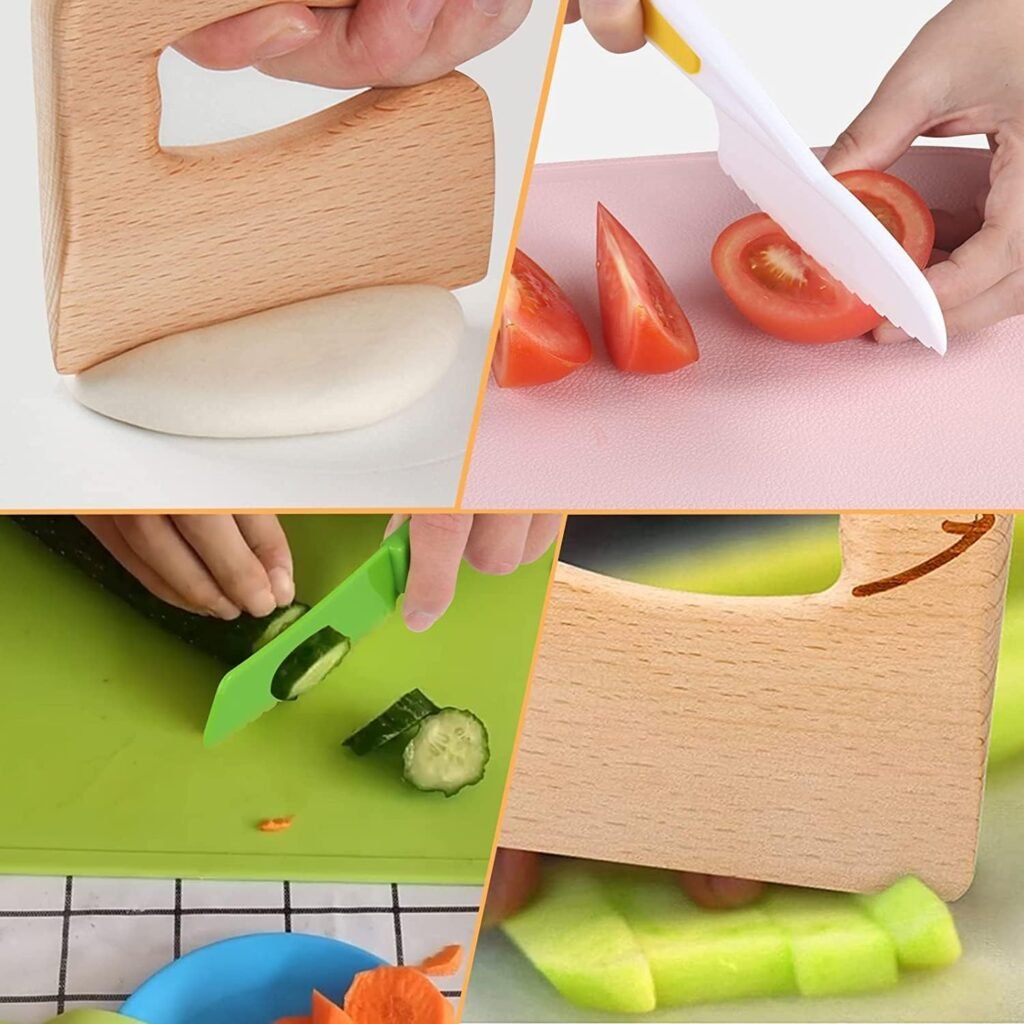 from left to right and from top to bottom, wooden cutter dividing dough, knife cutting tomato, knife cutting cucumber and wooden cuter cutting fruit